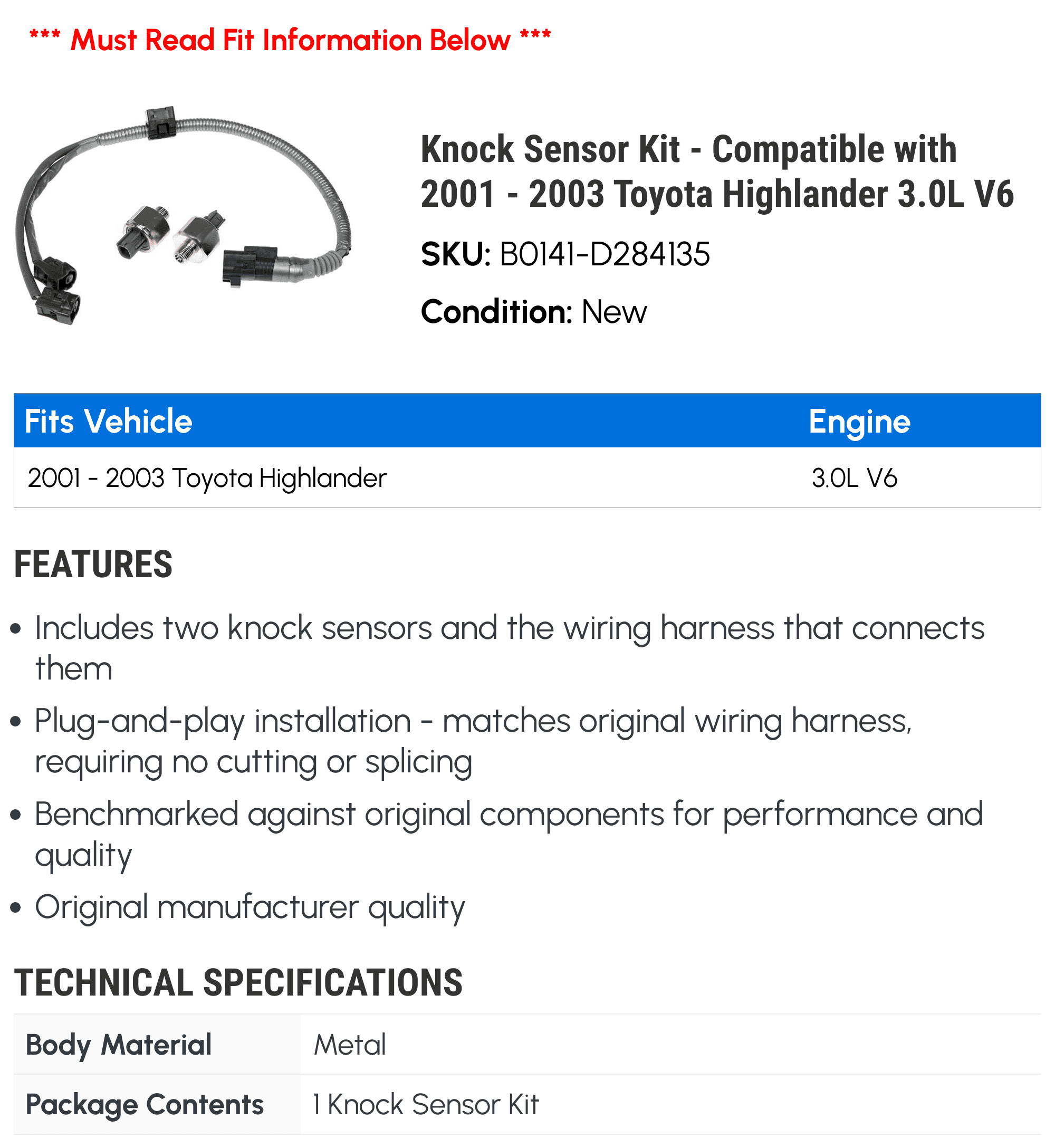 Knock Sensor Kit - Compatible with 2001 - 2003 Toyota Highlander 3.0L V6 2002