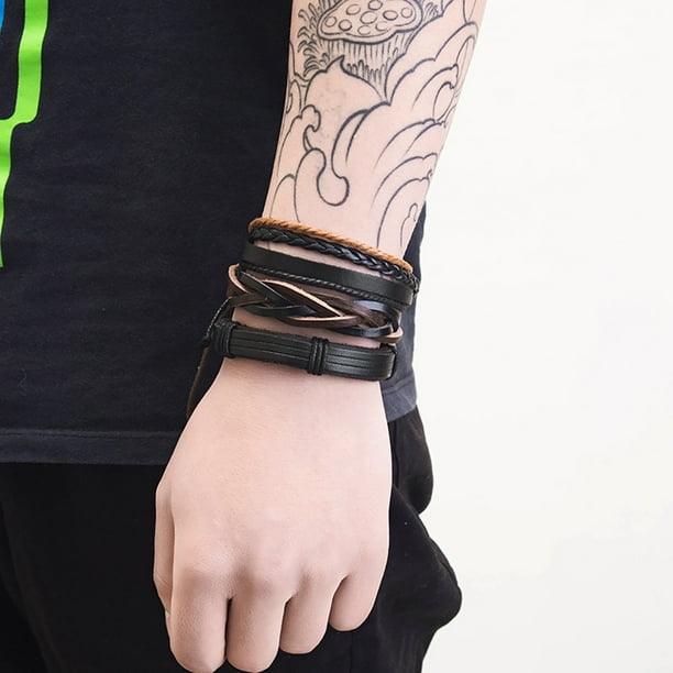 TopLLC Bracelets Men Vintage Woven Leather Bracelet Alloy Leather