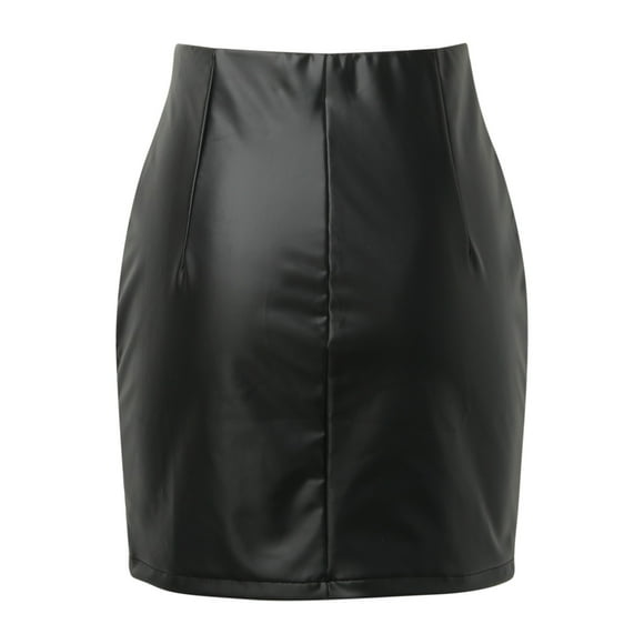Aocisk Women's Black Leather Skirts High Waisted High Side Slit Bodycon Mini Skirts Pleated Fitted Skirt Black M