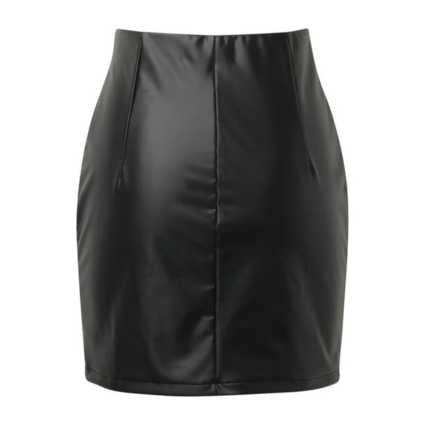 Minifalda ajustada de cuero negro con corte lateral y cintura alta para mujer - Material PU - Muy elástica - Tallas S-XL