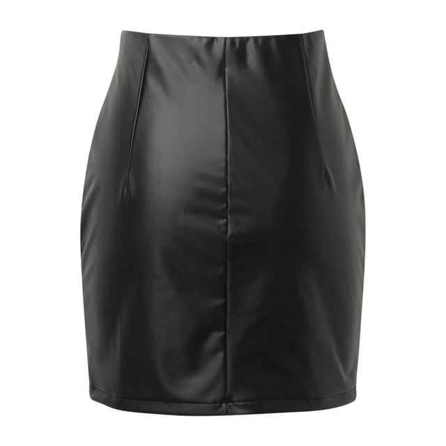 Minifalda ajustada de cuero negro con corte lateral y cintura alta para mujer - Material PU - Muy elástica - Tallas S-XL