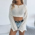 thumbnail image 5 of Womens Cropped Tops Summer Fashion Knit Hollow out Long Sleeves Crewneck T-Shirt Loose Comfy Sweater Knitwear Beige Large, 5 of 5