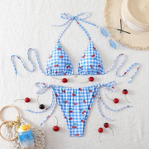 QUNYINEY Womens Bikini Set Triangle Cherry Halter 2 Piece High Waisted Bathing Swim Suits Tie Side Push Up Womn Swimsuit Sets