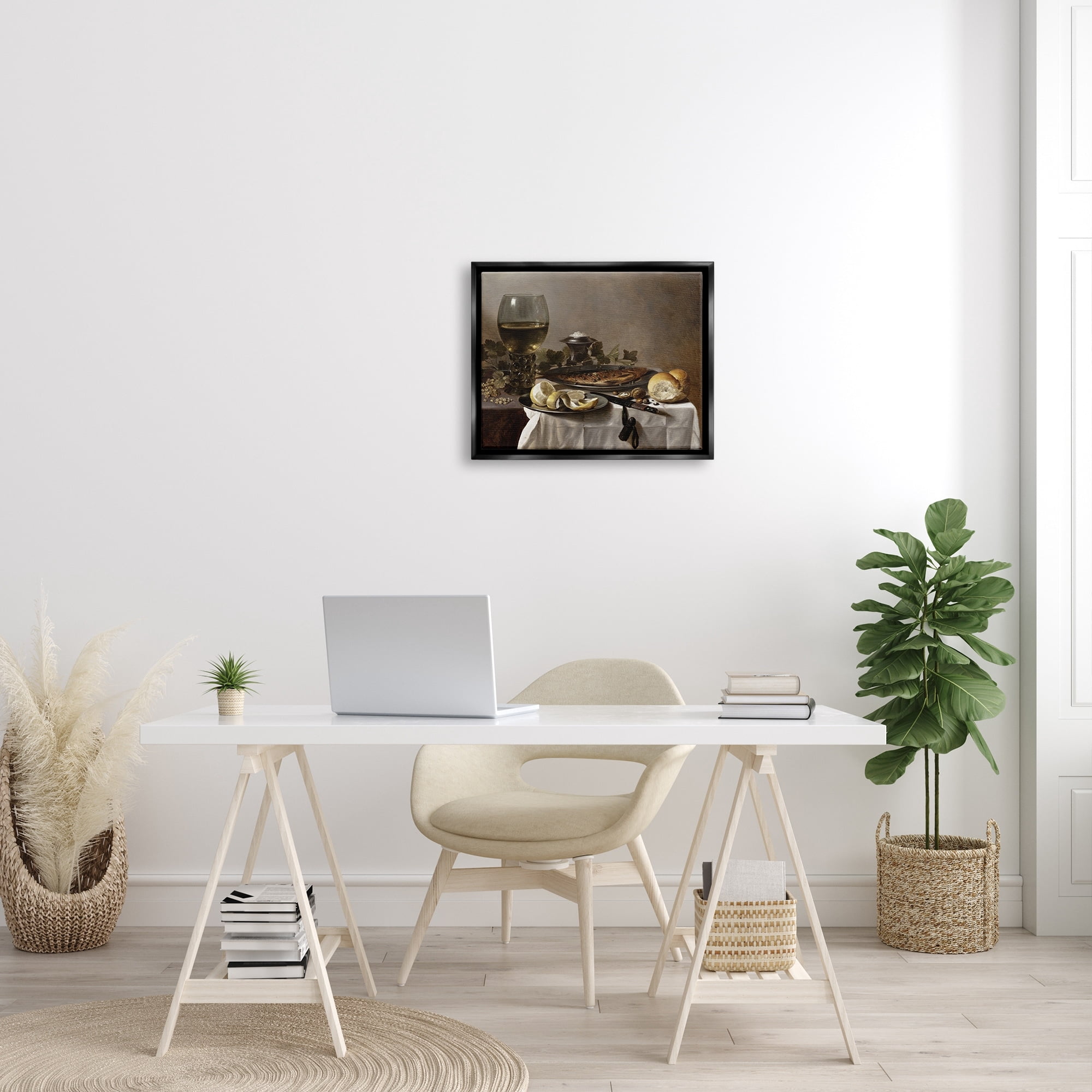 Stupell Industries Still Life with Herring Wine and Bread Pieter Claesz Painting Painting Jet Black Floating Framed Canvas Print Wall Art, Design by one1000paintings