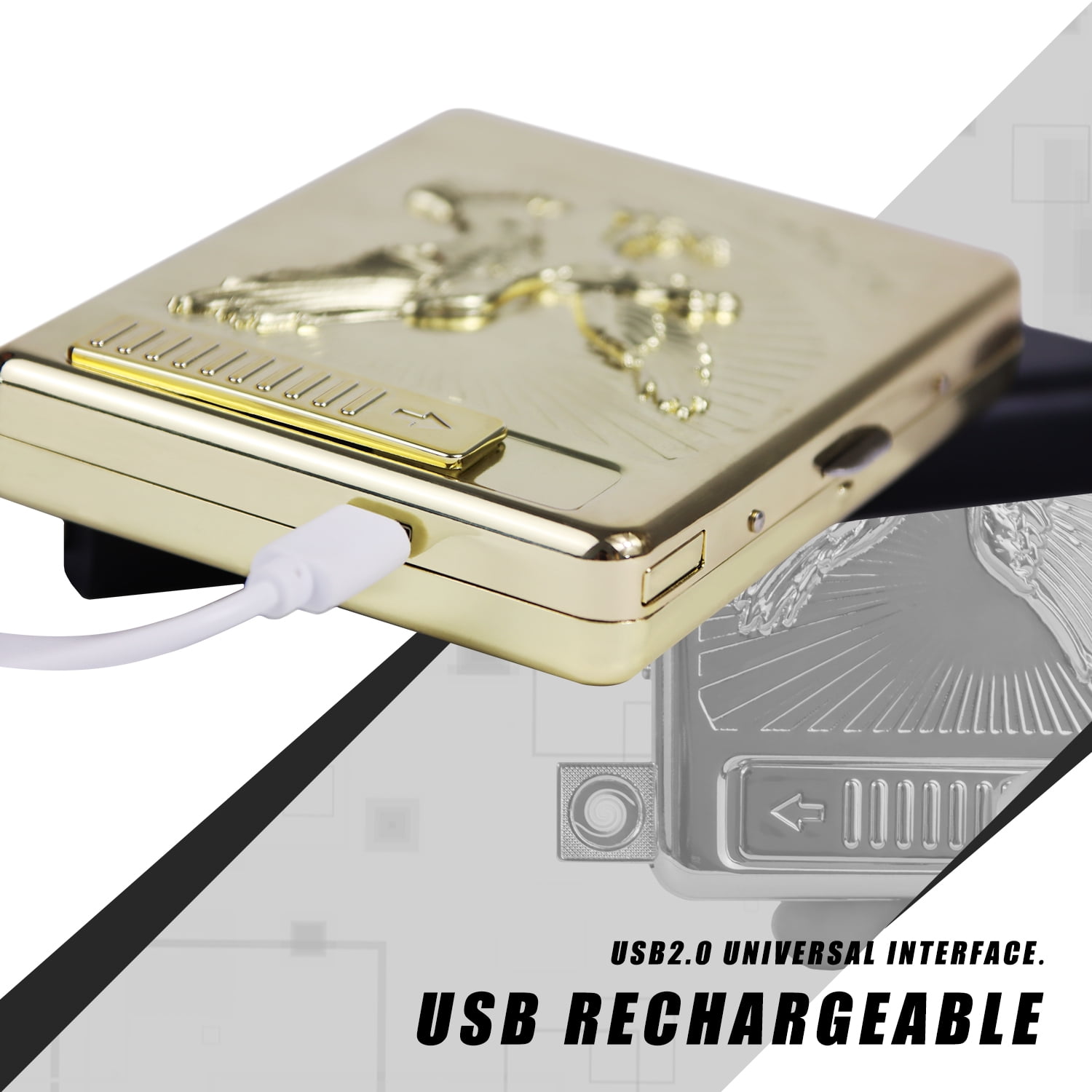 20 PCS Set Metal Cigarette Case Holder Arc Lighter with 3D Eagle Design Rechargeable Electric Arc Lighter Case Windproof Flameless USB Cigarette Case Lighter (Gold)