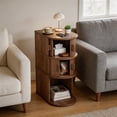 thumbnail image 7 of Fluted Narrow Nightstands with Sliding Tambour Doors, 3-Tier Slim Bedside Table with Open Shelf for Small Space, Walnut, 7 of 7