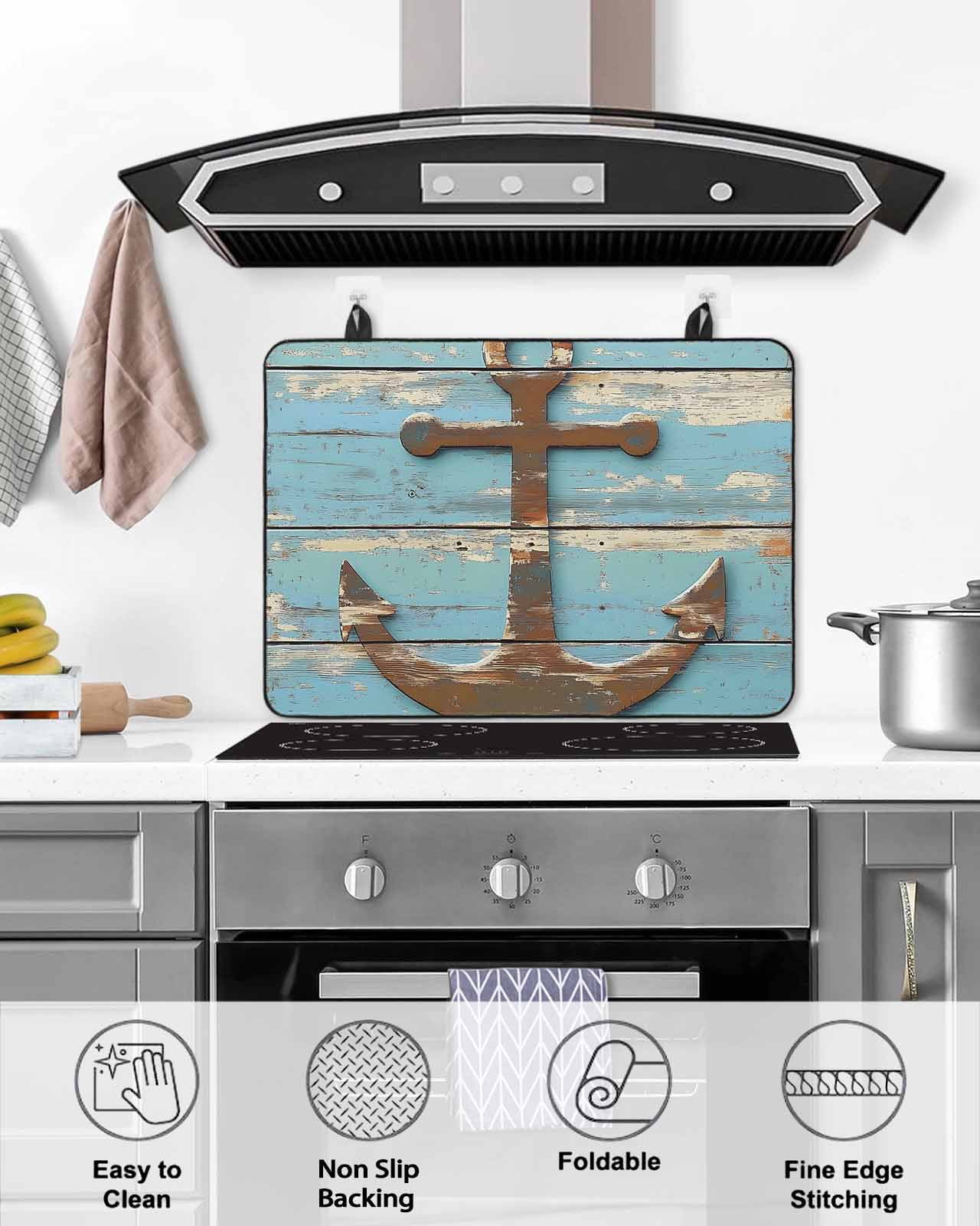 nqOlkjepod Large Induction Cooktop Protector Mat 24"x21", Vintage Brown Anchor Stove Top Covers for Electric Stove, Nautical Farmhouse Blue Wooden Stove Burner Cover Mats, Glass Top Stove Cover