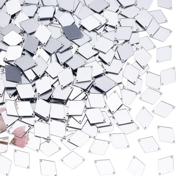 300pcs Sew on Mirrors Rhombus Mirror Silver Acrylic Mirror DIY Mirrored Rhinestones 2 Hole Mirror Piece Loose Bead Links