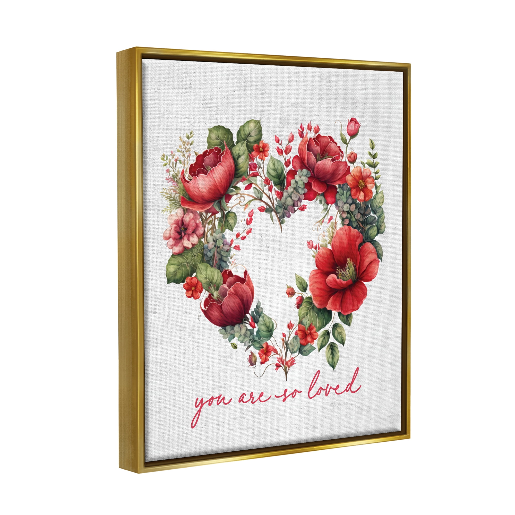 Stupell Industries Valentine's Heart Shaped Wreath Botanical & Floral Painting Gold Floater Framed Canvas Art Print Wall Art, 25 x 31