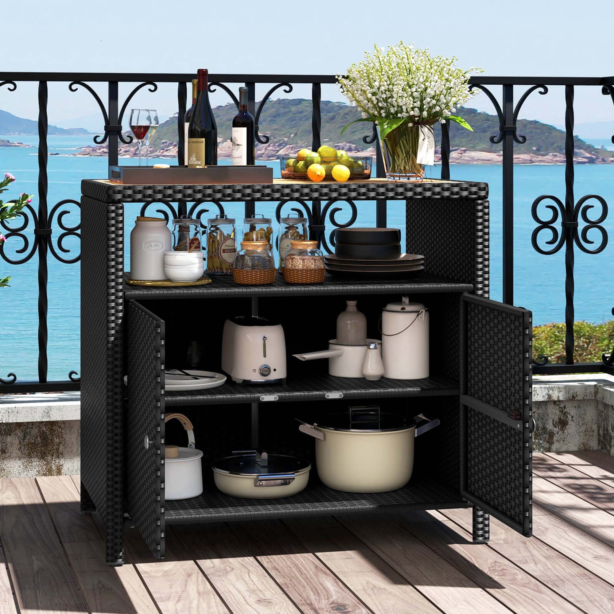 Costway Patio Rattan Storage Cabinet with Acacia Wood Countertop Open Shelf 2 Door Cabinet Black