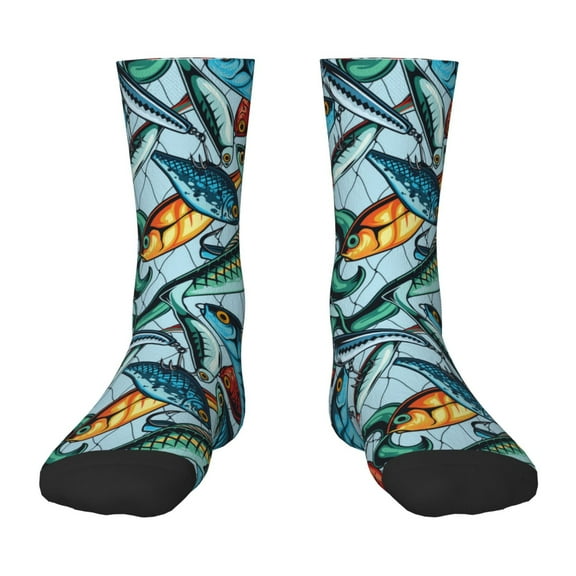 Fuzoiu Colorful Fishing Baits Print Kids Socks For Boys Girls,Grip Crew Socks with Non Slip,Lightweight Stretch Crew Socks,Toddlers Crew Boot Socks