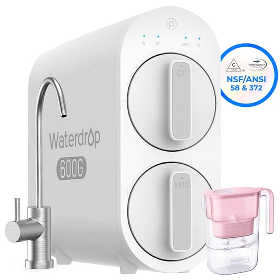 Waterdrop G2P600 Reverse Osmosis System, TDS Reduction, 7 Stage Water Filtration, NSF/ANSI 372 Certified, 600 GPD Tankless RO Water Filter System, Under Sink, 2:1 Pure to Drain with ONE  Pitcher