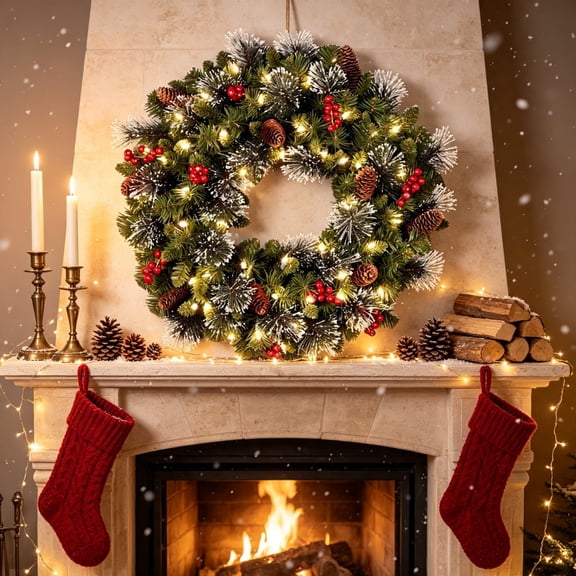 JUXIAO 20 in Pre-Lit Artificial Christmas Wreath, Flocked Pine with Warm Lights, Pine Cones & Red Berries, Christmas Decorations for Entryway, Wall, Window,Outdoor, Indoor