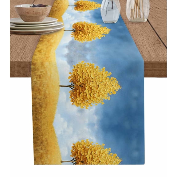 Yellow Tree Table Runner 36 Inches, Autumn Leaves Blue Sky Watercolor Bed Runner Dresser Scarves Tabletop for Indoor Outdoor Parties/Ceremony/Banquet, 13"x 36"