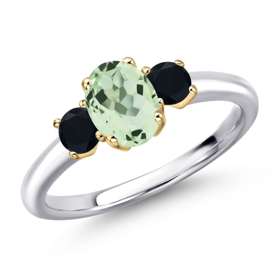 Gem Stone King 10K Two Tone Gold Green Prasiolite and Black Onyx Engagement Ring for Women | 1.01 Cttw | Oval 7X5MM | Gemstone Birthstone | Size 9