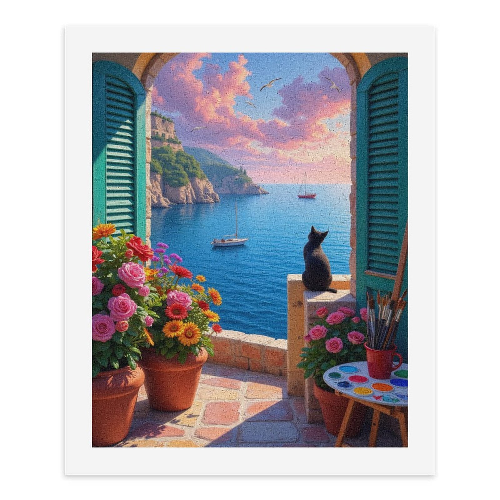 Paint by Numbers Kit for Adults, Cat Seaside View Painting Paradise Paint by Numbers, Easy Paint by Numbers Kit for Adults Beginner, DIY Adult Paint by Number Kits on Canvas, Home Decor