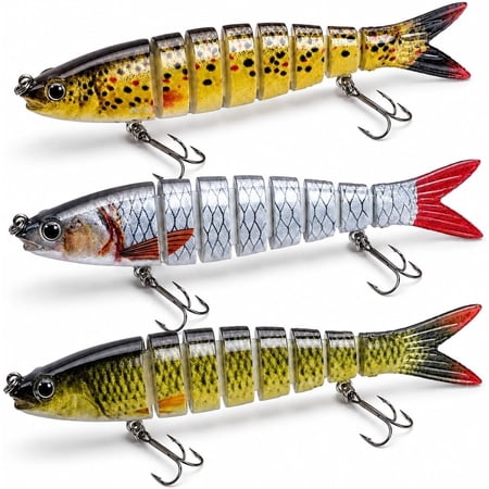 Bass Fishing Lures 3 Pack 5.2in 8-Segment Jointed Swimbaits Slow Sinking Hard Baits with Tackle Box Life-Like Swimming Action for Bass Pike Walleye