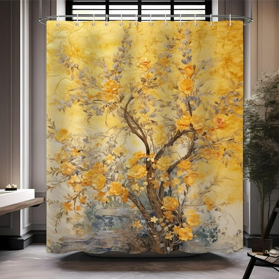 Yellow Tree Shower Curtain, Boho Retro Rustic Style Vintage Flower Blossom Plant Autumn Natural Landscape Yellow Golden Leaf Bathroom Bath Decor Shower Curtain Set,12 Hooks 72x72 Inch
