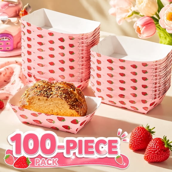 100 Pcs Strawberry Paper Food Trays, Disposable Serving Boats for Picnics and Summer Parties, Waterproof Snack Holders for Sandwiches, Hot Dogs and Desserts, Pink Party Supplies
