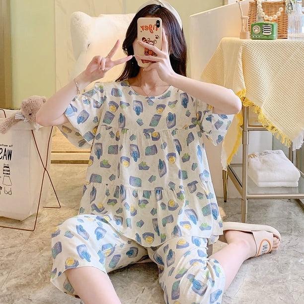 Pijama de seda de algodón de manga corta de verano para mujer, estilo occidental, fino, con aire acondicionado, ropa de casa, traje de seda de algodón para estudiantes dulces para niñas