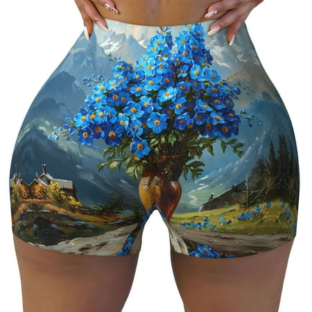 Workout Shorts Women  Mountain Blue Flowers Vase Biker Shorts for Women Running Gym Spandex Shorts Tummy Control