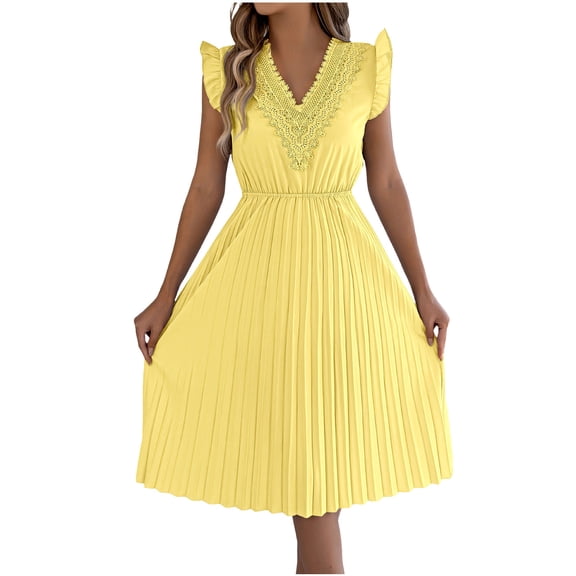 Levmjia Women's Casual Dress Fashion V-Neck Sleeveless Pleated Lace Midi Dress Solid Color Ruffled Waist Polyester Comfortable Vacation Outfit Summer