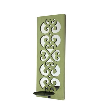 Quatrefoil Pattern Wooden Candle holder with Mirror Insert, Green - Saltoro Sherpi