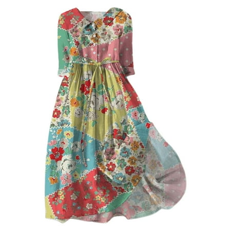 Blphud Casual Dresses for Women Woman Dress Womens 3D Fashion V Neck Half Sleeve Flower Mid Length Flip Casual Skirt Dresses for Women Formal Summer Dresses for Women 2024 Pink XXL