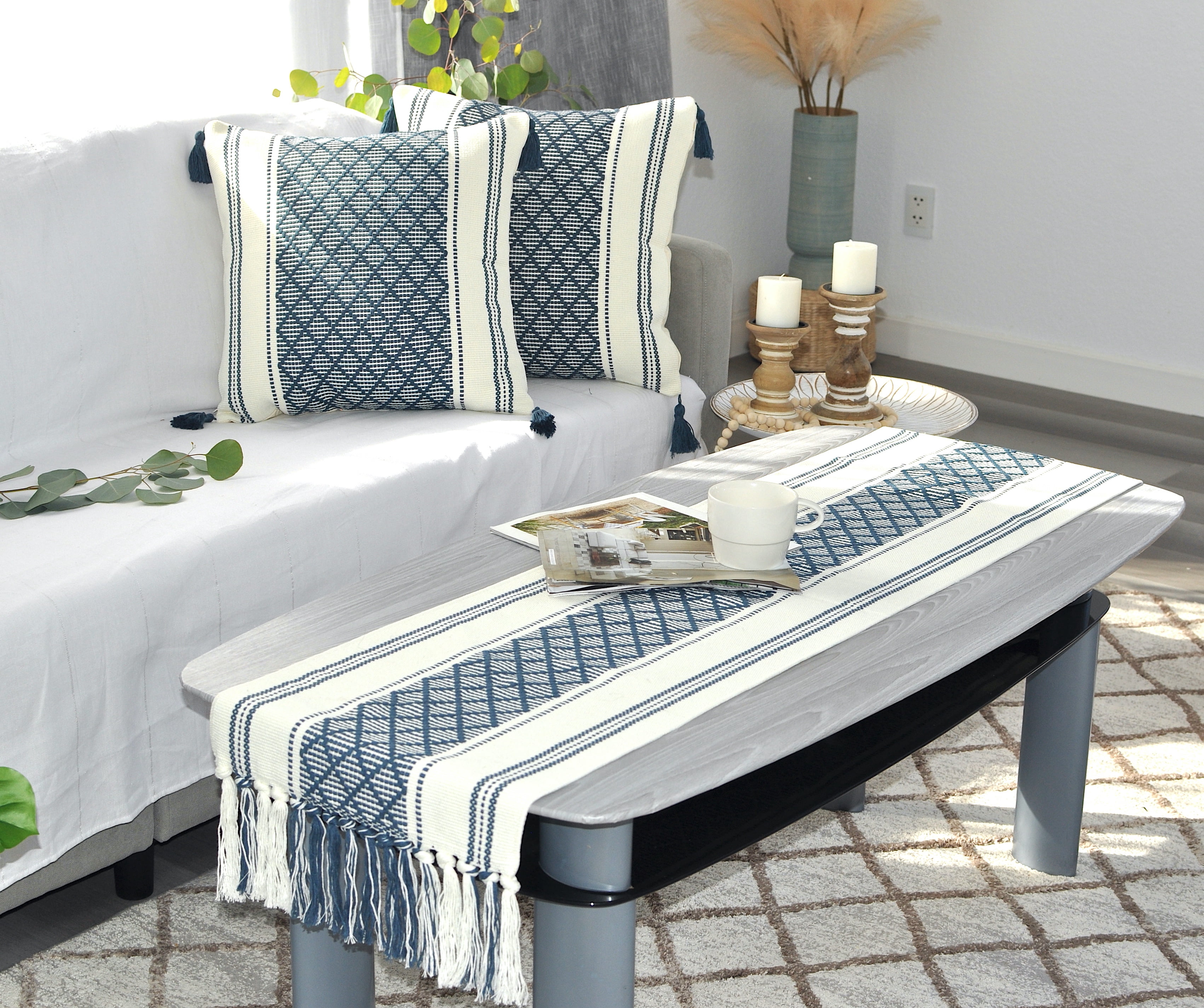 Short Coffee Table Runner with Tassels 14x48 Inches, Navy Blue & Cream | Cotton Woven Washable Boho Dresser Scarf for Bedroom | Farmhouse Console Tabletop Centerpiece Decorations