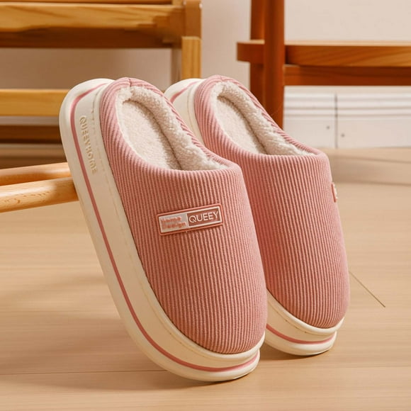 XIMIN Women Thick Sole Plush Striped Cotton Slippers Warm Memory Foam Comfy House Slippers with Anti-Skid Rubber Sole for Indoor and Outdoor,Autumn and Winter