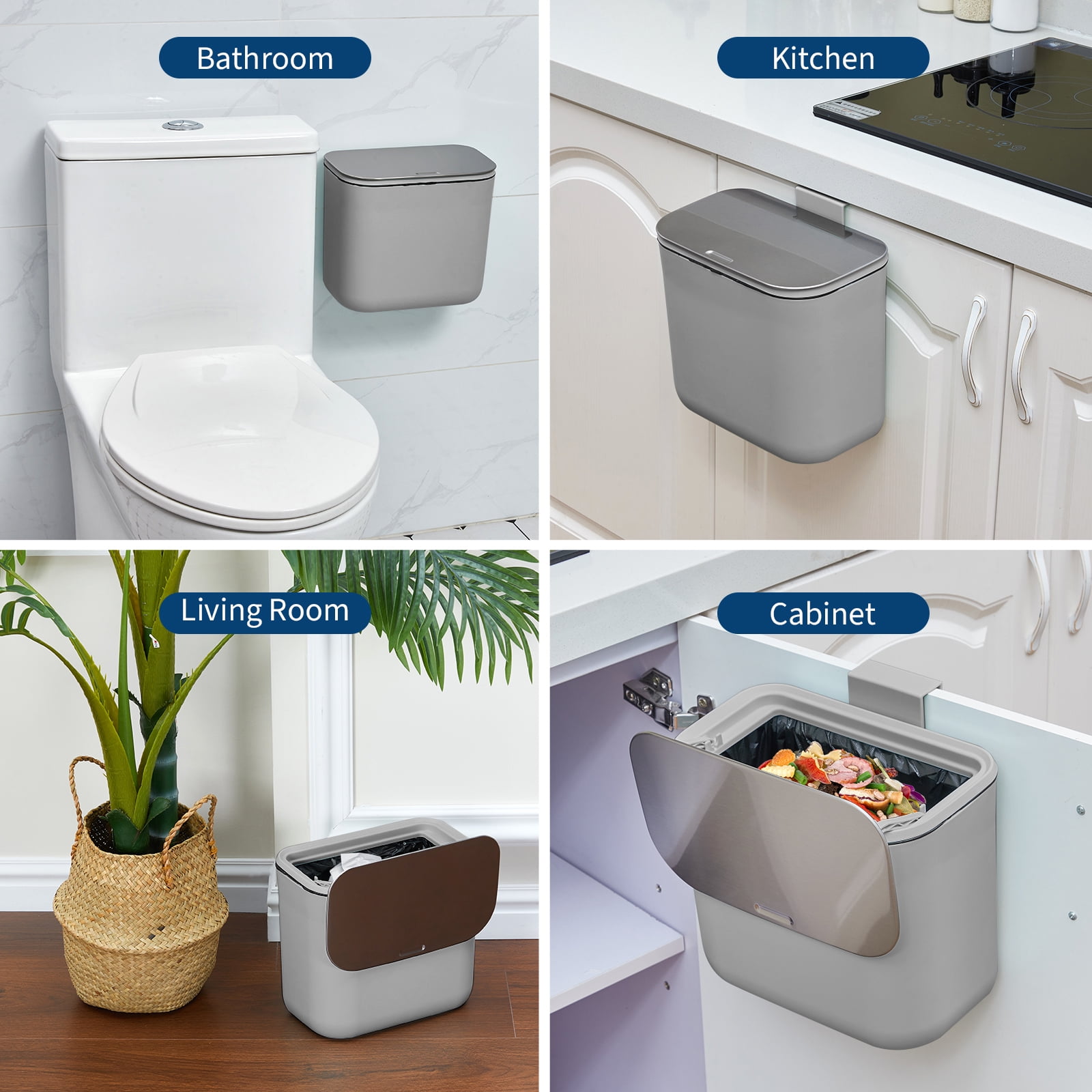 1.8 Gallon Kitchen Hanging Small Trash Can with Stainless Steel Lid, Odor-Free Compost Bin, Space-Saving Garbage Can for Cabinet, Under Sink, RV, Bathroom, Grey