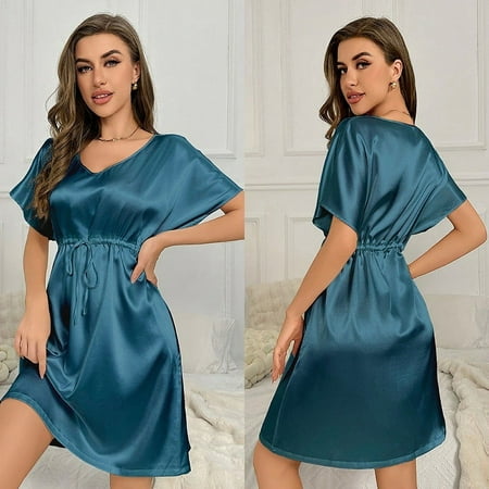 Linfrsh Lingerie for Women Silk Satin Nightgowns Soft Sexy Lingerie Dress Satin Chemise Sleepwear Sky Blue 2XL