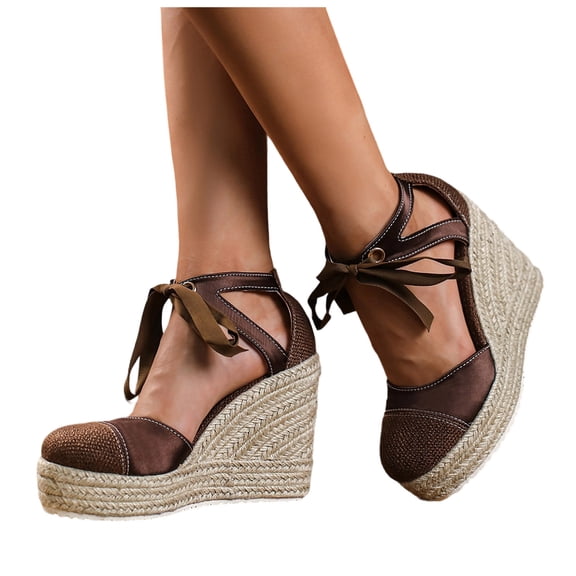 Rokment Platform Extra Wedge High Heels Dressy Shoes for Women Bride Wedding Beach Patchwork Closed Toe Espadrilles Chunky Heeled Strappy Dress Sandals Summer Fall Brown Size 6.5