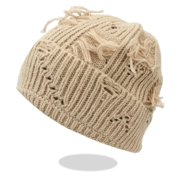 Women’s Ripped Cuffed Knit Beanie Grunge Style Slouchy Thermal Skull Cap Streetwear Winter Hat with Openwork Design Crochet Inspired Look