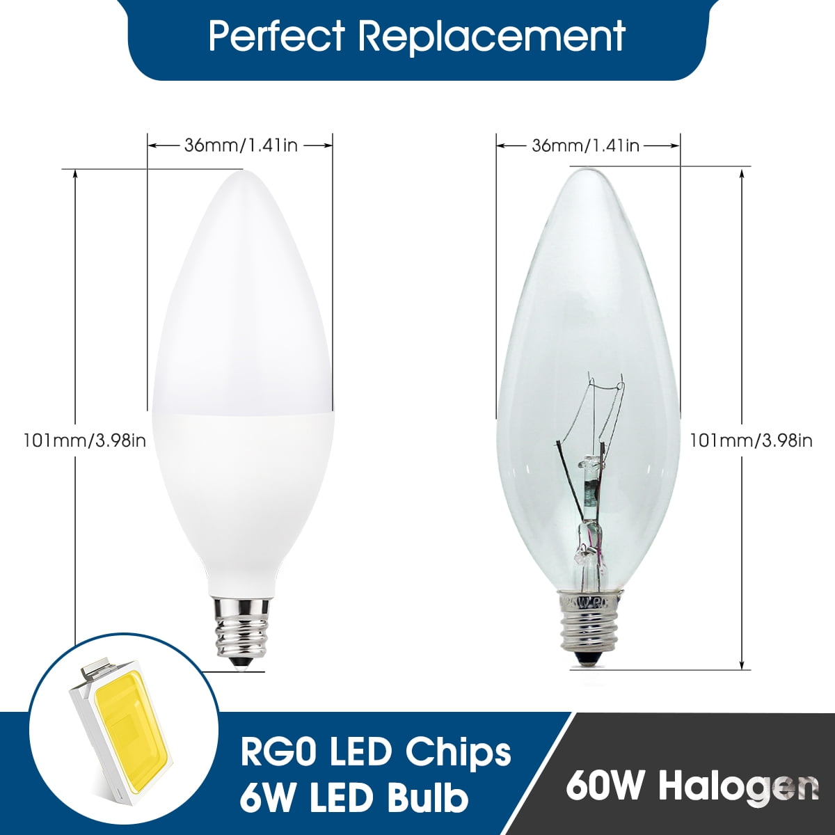 E12 Candelabra LED Light Bulbs, 6 Watts (60W Equivalent), Daylight White 5000K, Chandelier Bulbs for Table Lamp, Chandelier, Ceiling Fan, Kitchen, 12 Pack