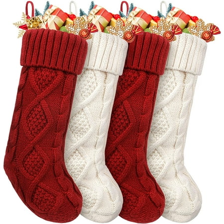 Mighty Rock Large Christmas Stockings 4Pack -18 inches Christmas Stockings Double-Sided Cable Knitted Xmas Stockings Burgundy Red and Cream for Family Holiday Christmas Party Classic Decor