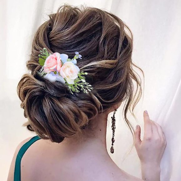 Campsis Peignes de Cheveux de Mariage Rose Fleur Peignes Latéraux Floraux Blancs Tête de Demoiselle d'Honneur Pièce de Cheveux de Fiançailles Fête Bal Plage Photographie pour Femmes et Filles