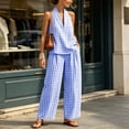 thumbnail image 4 of Dianli 2 Piece Sets for Women Summer Linen Plaid Two Piece Set V Neck Top and Wide Leg Pants Matching Outfit Stylish Casual Wear for Women Summer Vacation Travel and Daily Use Blue XL, 4 of 7