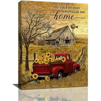 Rustic Farmhouse Red Truck Wall Art Country Farm Red Truck Sunflower Pictures Kitchen Wall Decor Inspirational Old Barn Painting Canvas Print Modern Home Artwork Decoration for Living Room 12"x16"