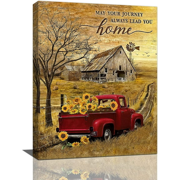 Rustic Farmhouse Red Truck Wall Art Country Farm Red Truck Sunflower Pictures Kitchen Wall Decor Inspirational Old Barn Painting Canvas Print Modern Home Artwork Decoration for Living Room 12"x16"