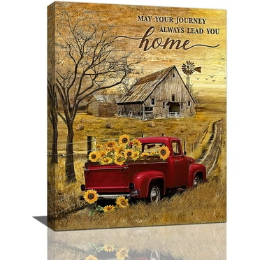 Rustic Farmhouse Red Truck Wall Art Country Farm Red Truck Sunflower Pictures Kitchen Wall Decor Inspirational Old Barn Painting Canvas Print Modern Home Artwork Decoration for Living Room 12"x16"
