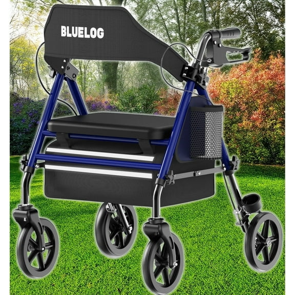 Bluelog Rolling Walker, Adjustable Seat & Handle Heights, Extra-Wide Memory Foam Seat 4-Wheel Rollator with 350 lb Limit