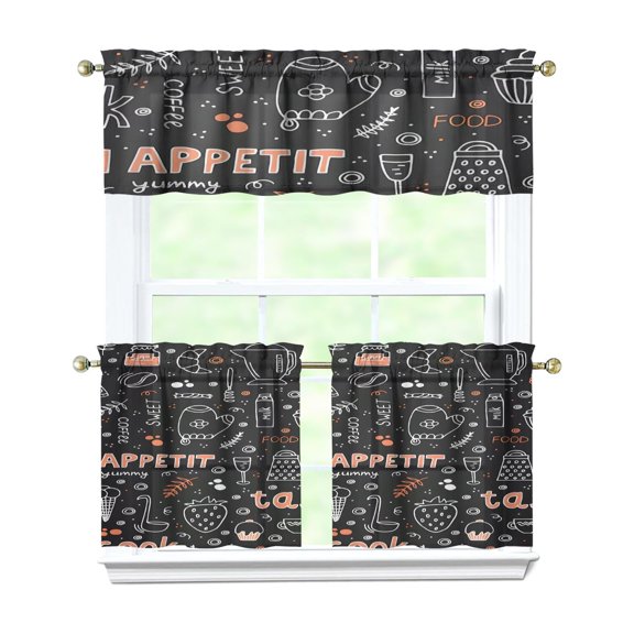 Kitchen Food Cooking Chef Kitchen Curtains and Valances Set - 3 Piece Kitchen Curtains Sets with Valance for Windows Rod Pocket Machine Washable Kitchen Decor Decorations (54"x18" 2x27.5"x24")