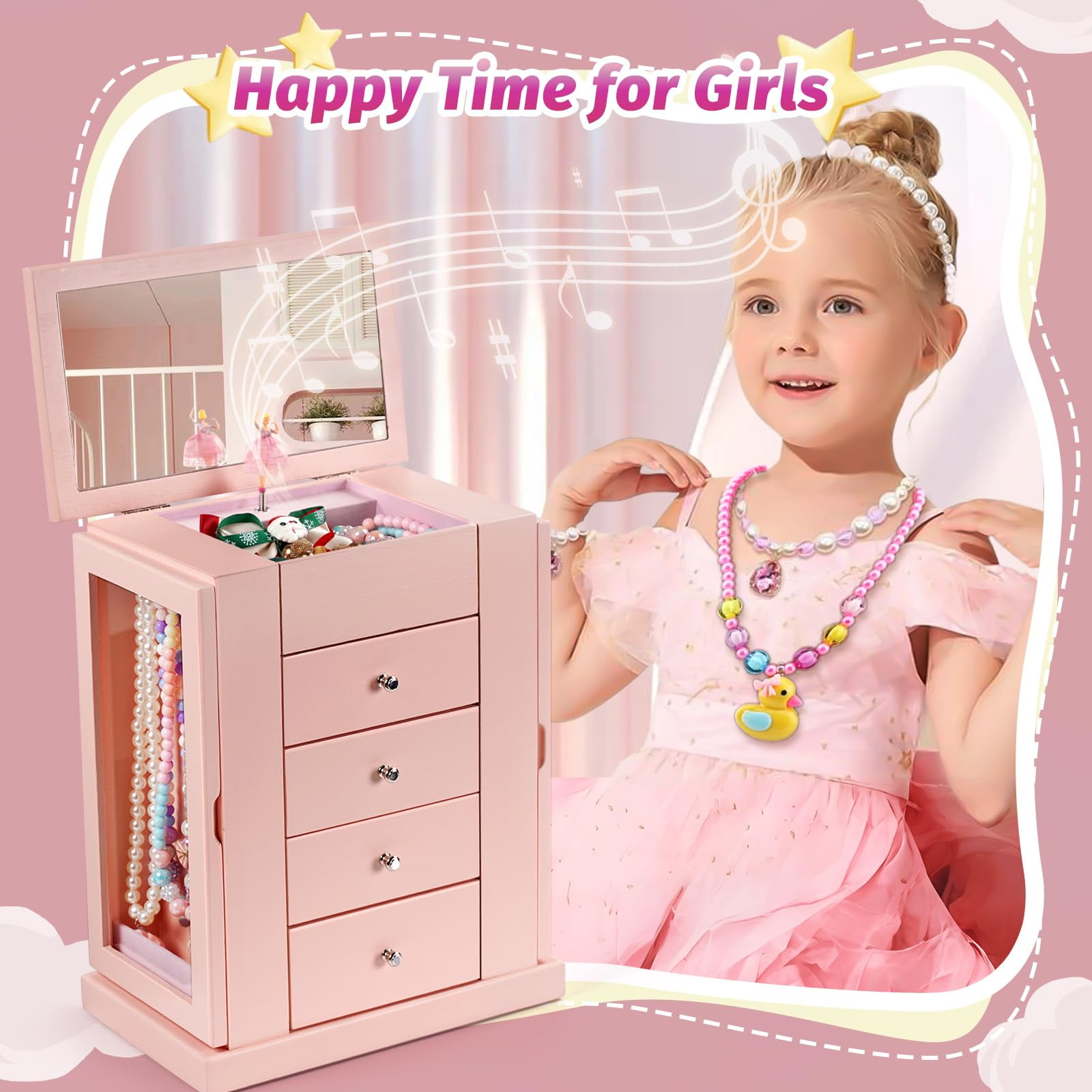 Music Jewelry Box for Girls, 5 Layer Musical Jewelry Organizer with Spinning Dancer for Kids Christmas New Year Birthday Gifts