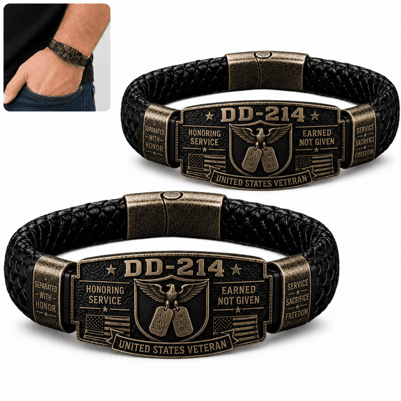 DD-214 Veteran Bracelet for Men, Engraved Zinc Alloy Plate with Braided Paracord Style Wristband, Patriotic Keepsake Gift