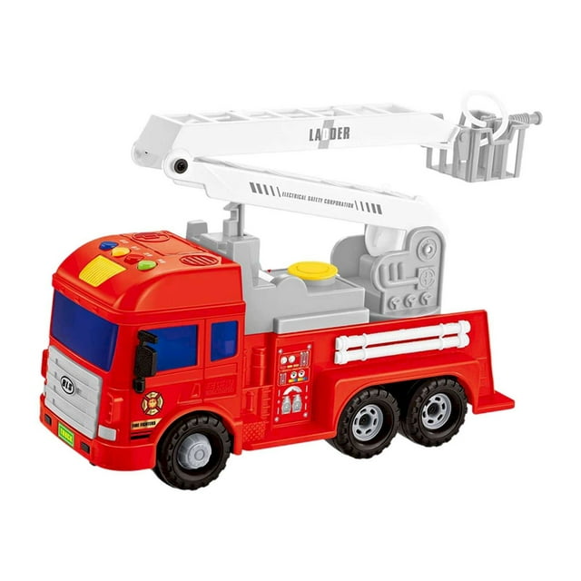 BINGLI Camion de Pompiers Échelle Lumineuse, Jouets de Camion de Pompiers Rouges pour Enfants avec Lumières, Sons, Tuyau de Pulvérisation d'Eau et Échelle Extensible, Jouets de Pompier Lumineux Pousser et Partir pour Enfants