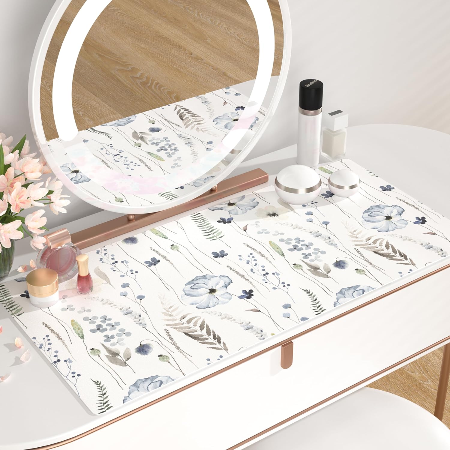 Large Mouse Pad for Desk, Cute Desk Mat for Desktop, Women Girls Office Décor Desk Accessories, PU Leather Waterproof Gaming Mousepad, Watercolor Blue Flowers Desk Pad Computer Mat, 31.5" x 15.7"