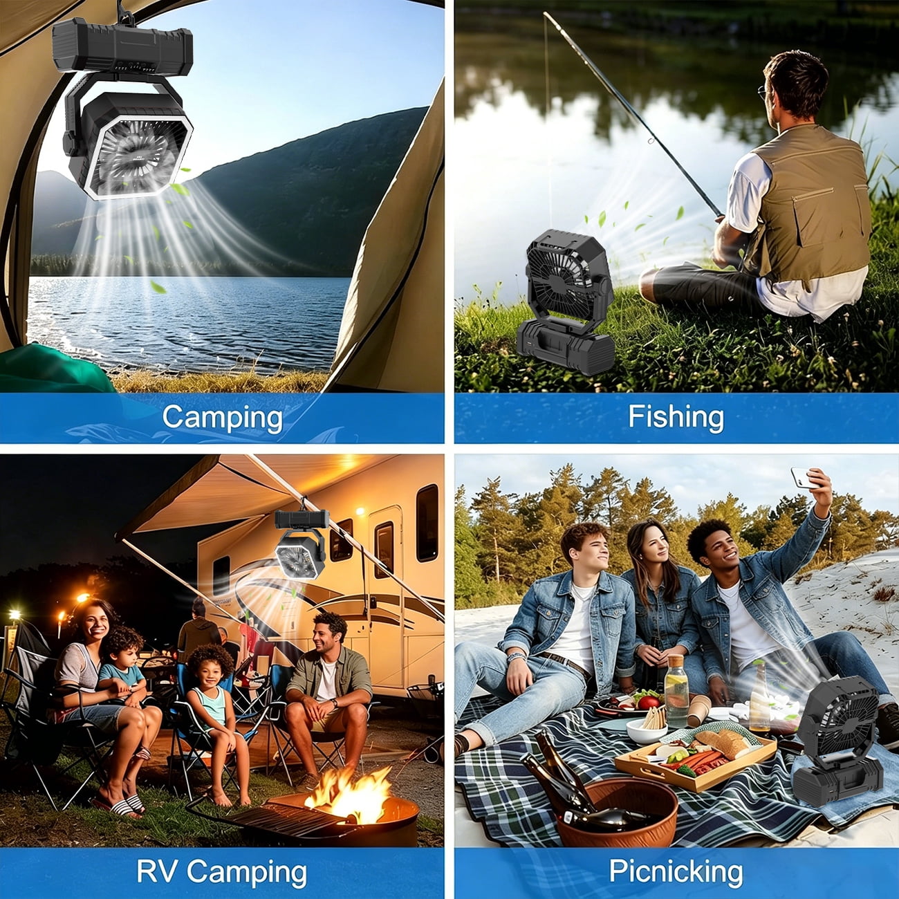 SuperRGB Portable Camping Fan, 20000mAh Rechargeable Battery Operated Fan with LED Light & Remote, 4 Speeds, Timer & Hanging Hook for Tent, Outdoor, Travel, Emergency, Black
