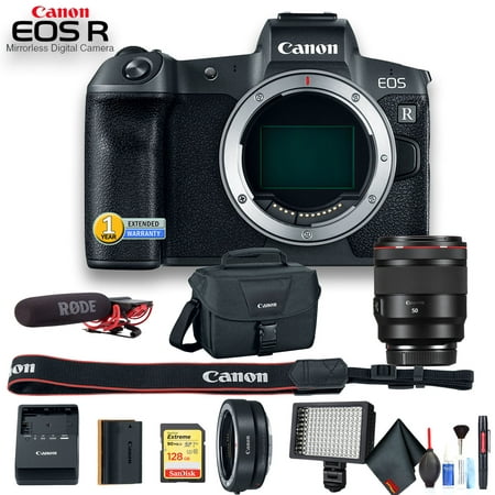 Canon EOS R Mirrorless Digital Camera Intl Model W/ Canon RF 50mm Lens, Bag, 128GB Card, Extra Battery, Rode Mic, Extended Warranty, LED Light, Canon Mount (Best Low Light Mirrorless)