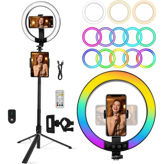 10" Ring Light with Stand 74'' Tall & Phone Holder,RGB Full Color Modes Selfie Light with Extendable Tripod Stand,iPad Holder, Remote for iPhone & Android,YouTube, Makeup,TIKTok, Vlogging